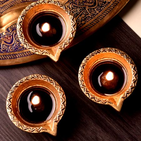 Brass Diwali Diya Oil Lamp Swastika Diwali Decoration Pack of 3